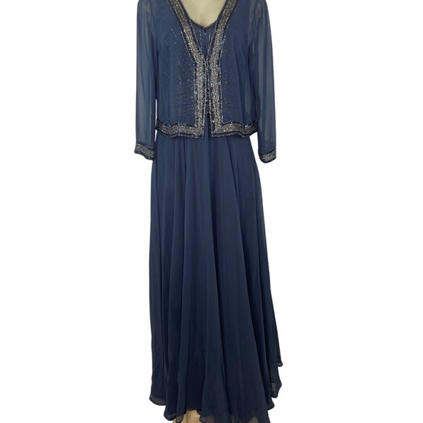 Jkara Women’s Navy Blue Beaded Sleeveless Evening Gown With Sheer Jacket Sz 12