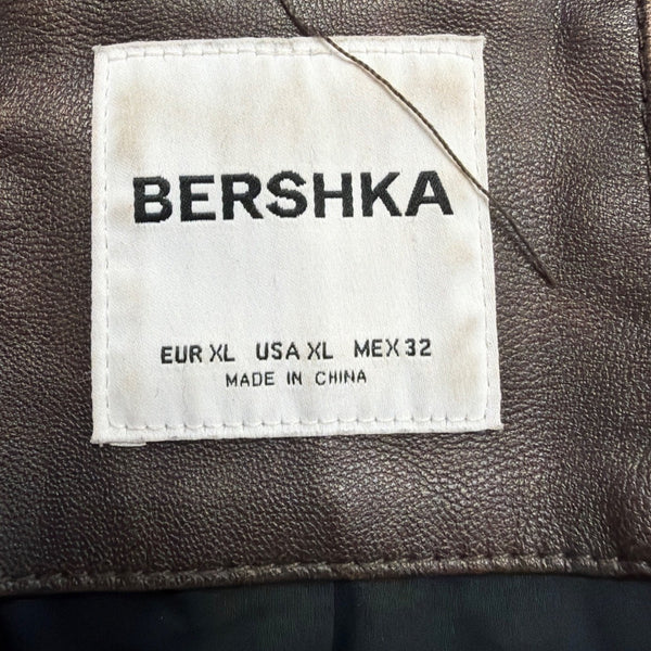 Bershka Mens Brown Faux Leather Bomber Jacket Lining Lightweight Size XL