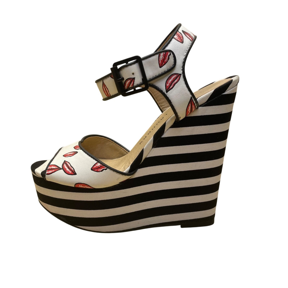 Chinese Laundry Women’s Black White Lips Print Striped Open Toe Wedge Heel Sz 7