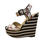 Chinese Laundry Women’s Black White Lips Print Striped Open Toe Wedge Heel Sz 7
