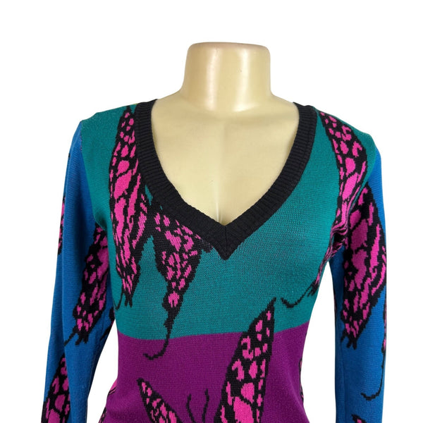 Betsey Johnson Womens Multicolor Butterfly Print V-Neck Sweater Dress Sz M