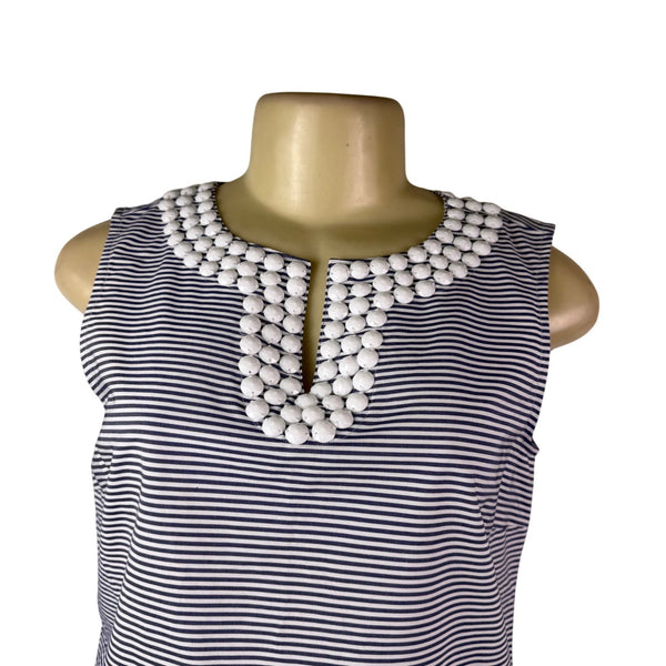 Talbots Womens Navy White Cotton Striped Sleeveless Top Petite Beaded Neck Sz S