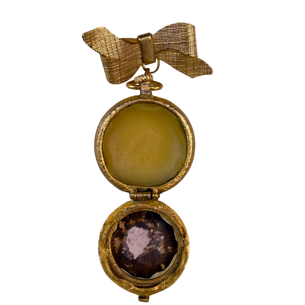 Vintage Gold Tone Enameled Womens Locket Brooch Hand-Painted Pastoral Scene Bow