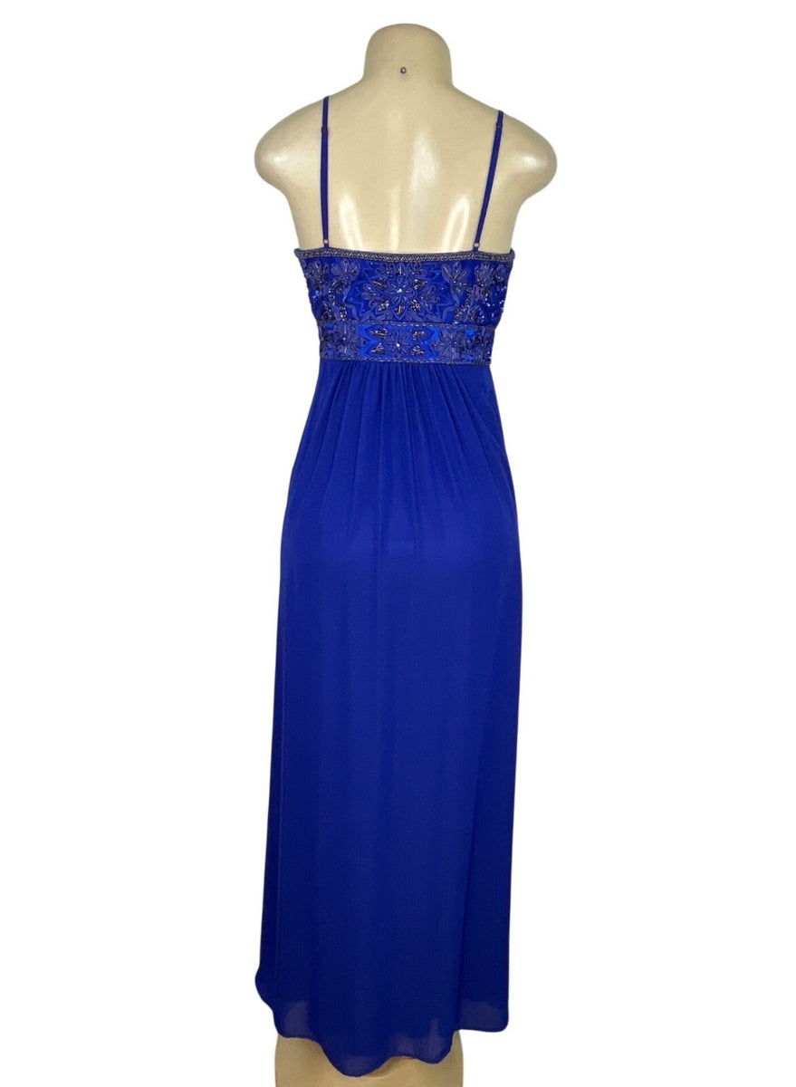 Sue Wong Royal Blue Beaded Maxi Dress With Spaghetti Straps & V-Neckline Size 2