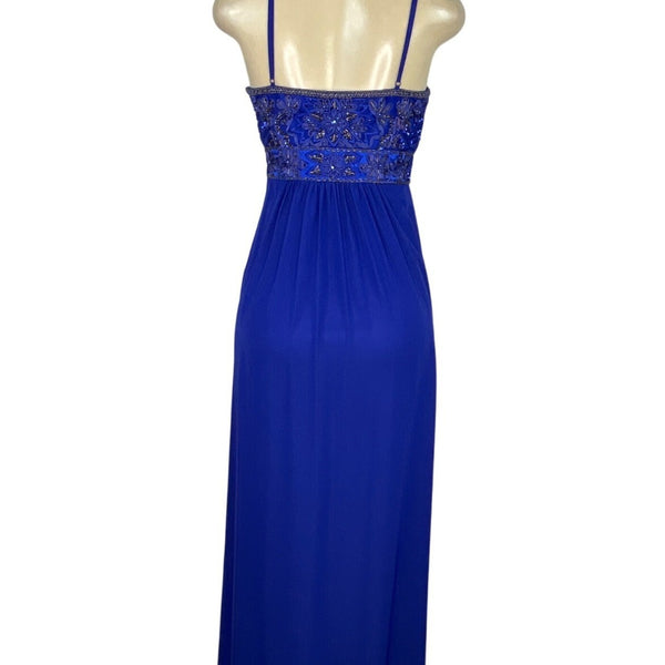 Sue Wong Royal Blue Beaded Maxi Dress With Spaghetti Straps & V-Neckline Size 2