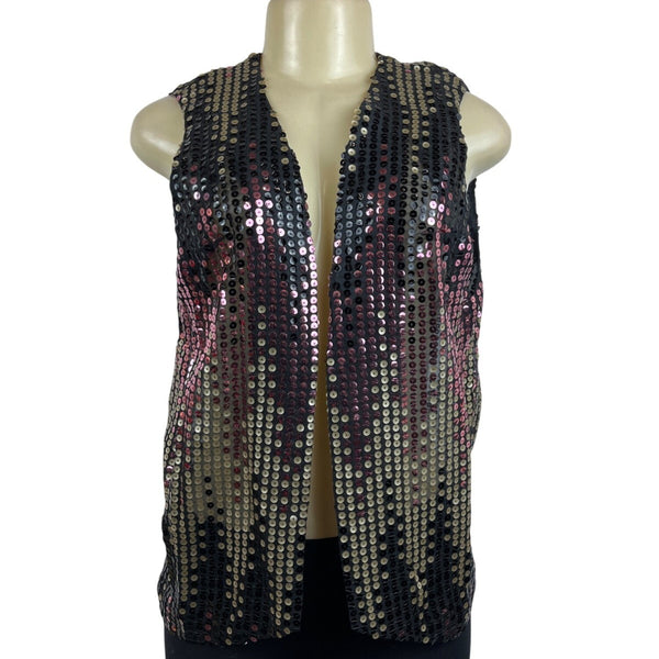 Vintage Sequin Sleeveless Vest Black & Gold With Pink Accents Womens One Size