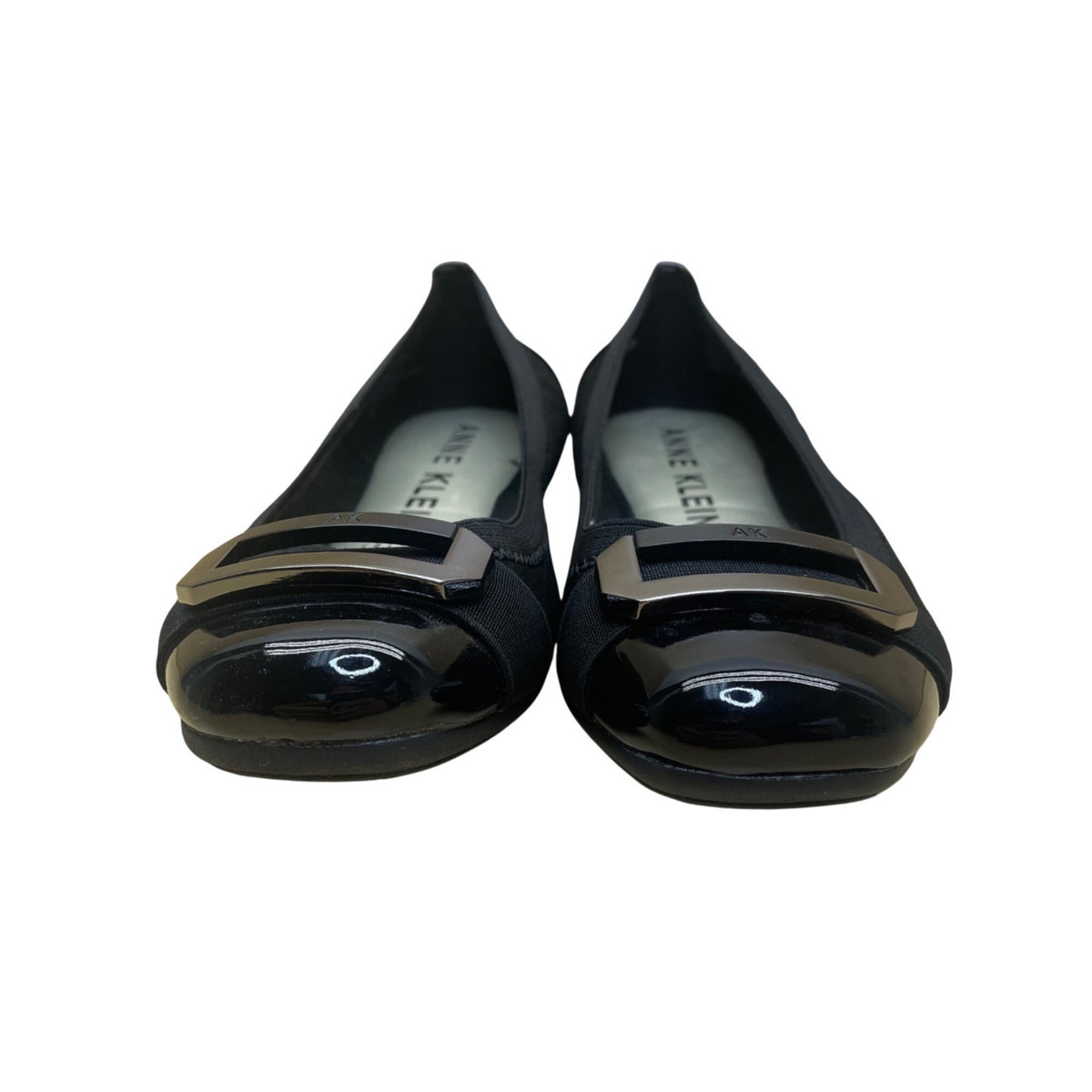 Anne Klein Women’s Black Fabric Patent Cap Toe Buckle Detail Iflex Flats Size 7M