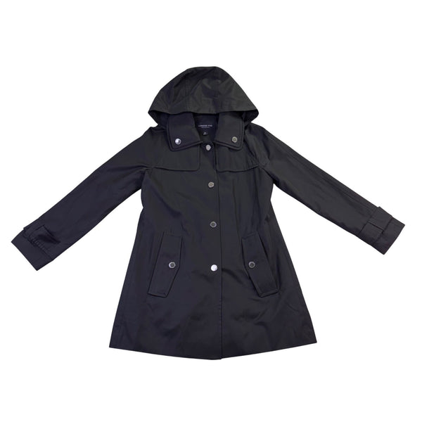 London Fog Womens Black Cotton Polyester Hooded Trench Coat Size XS
