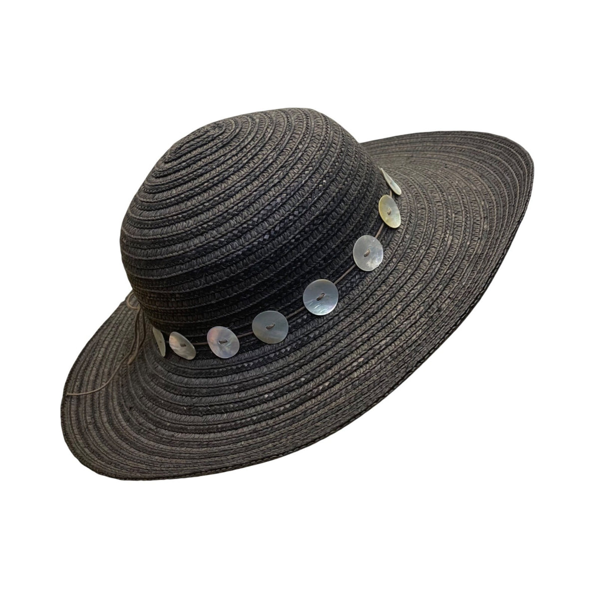 Flora Bella Womens Black Straw Hat W/Mother-Of-Pearl Accents Sun Protection