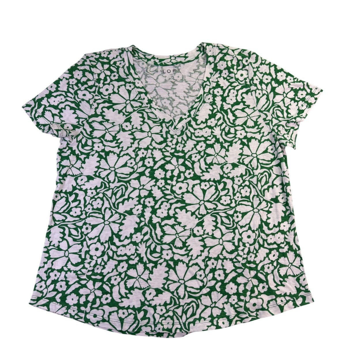 Loft Womens Green & White Floral Print Short Sleeve V-Neck T-Shirt Size XL
