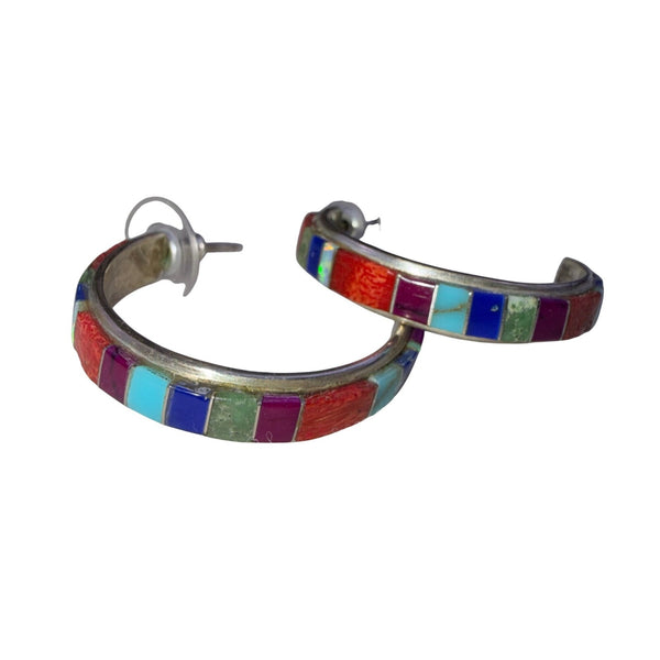 Sterling Women Multicolor Inlay Hoop Earrings Silver Red/Blue/Green/Stone