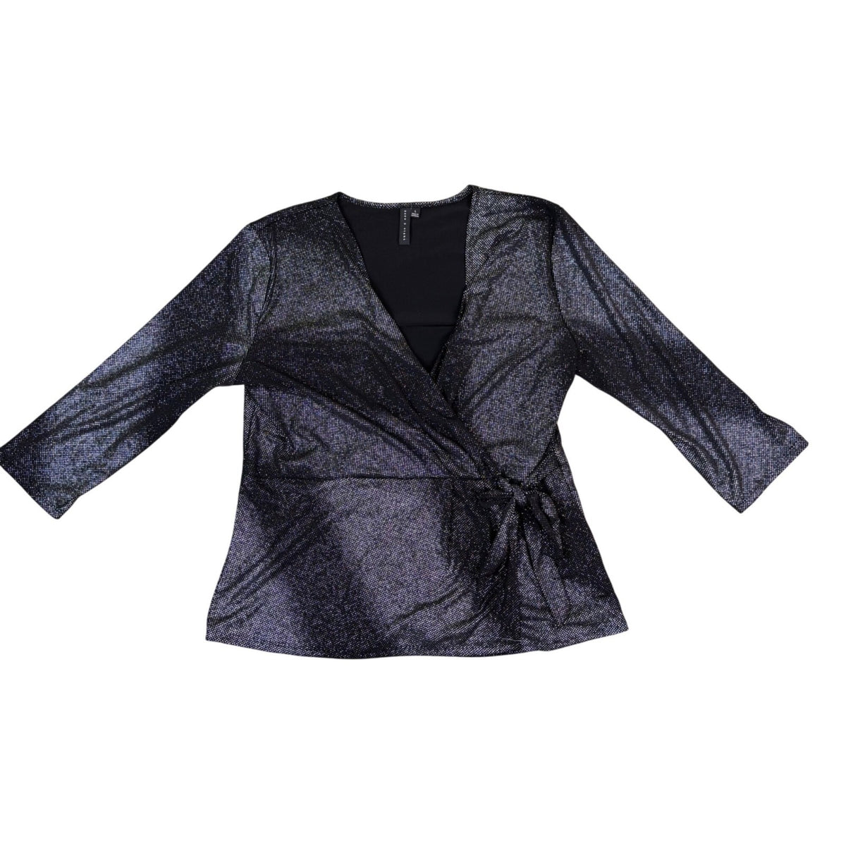 Zero 2 Eight Women’s Black Metallic Sheer Wrap Shirt With V-Neck Size L