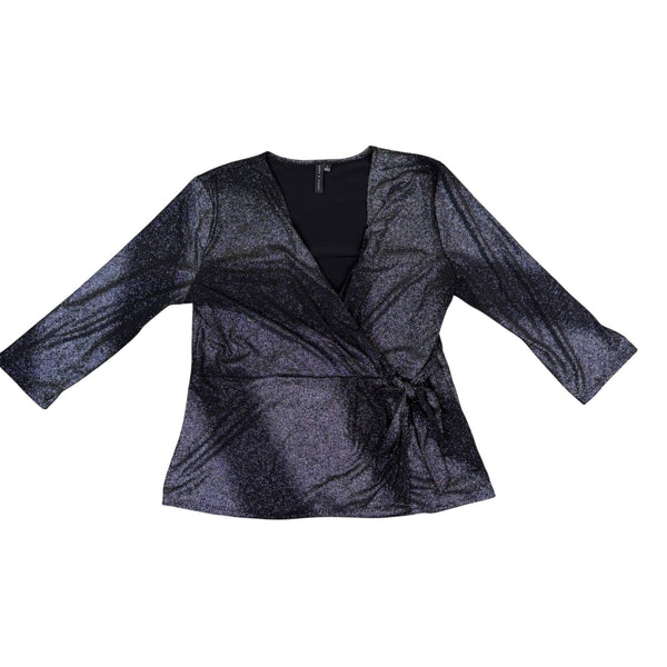 Zero 2 Eight Women’s Black Metallic Sheer Wrap Shirt With V-Neck Size L