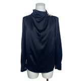 Jinghui fushi Womens Black Satin Button Embellished High-Neck Long Sleeve Blouse