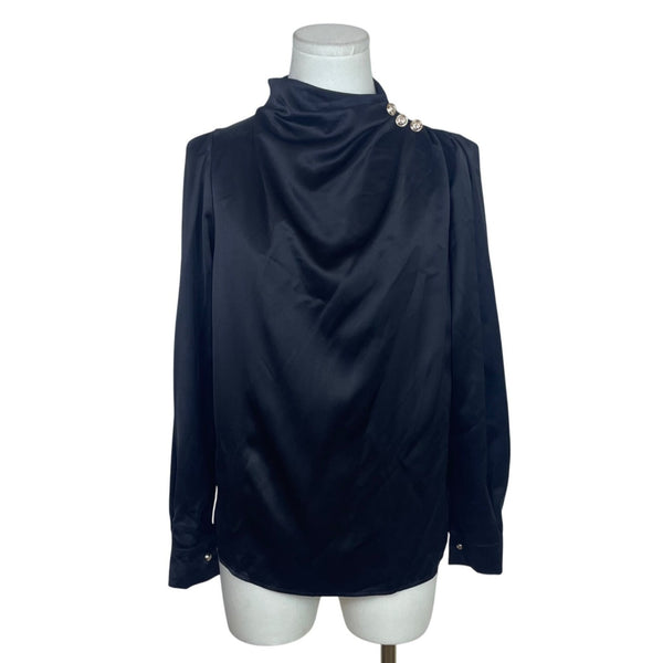 Jinghui fushi Womens Black Satin Button Embellished High-Neck Long Sleeve Blouse