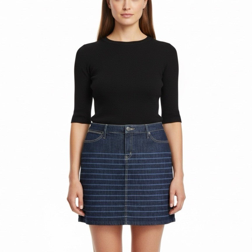 Fossil Womens Dark Wash Denim Striped Mini Skirt Fitted Casual Sz M - New