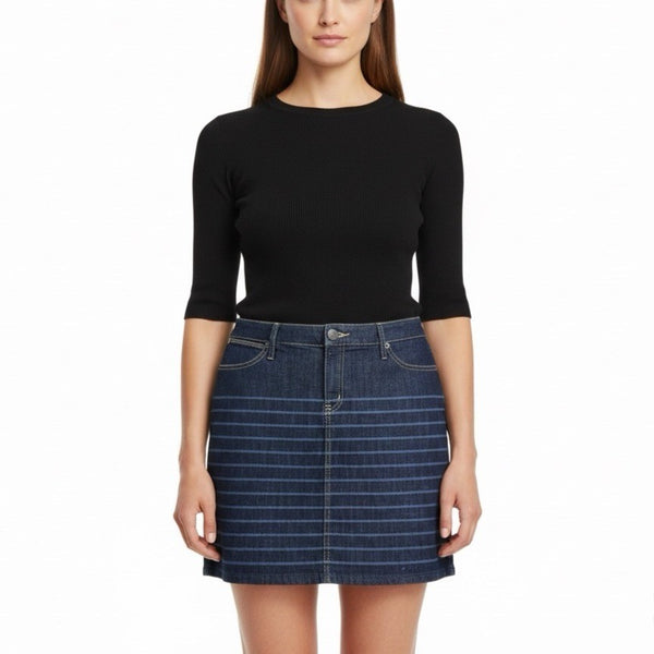 Fossil Womens Dark Wash Denim Striped Mini Skirt Fitted Casual Sz M - New