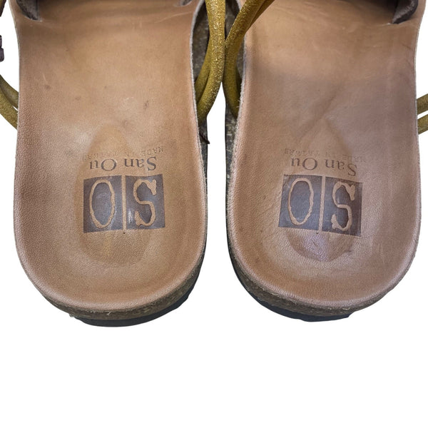 San Ou Womens Brown & Yellow Leather Open-Toe Slingback Sandals Size EU38/US7