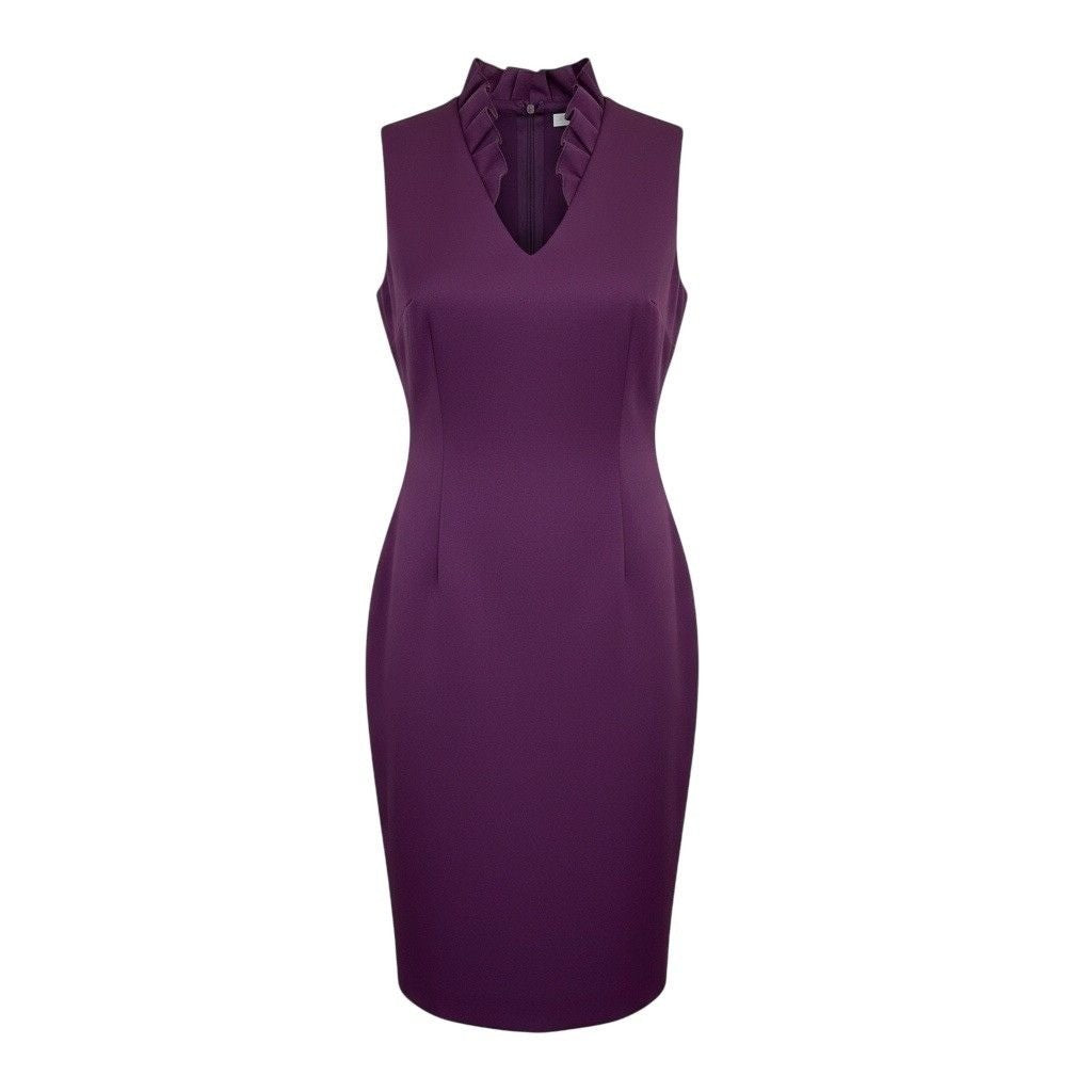 Calvin Klein Womens Purple Ruffled Neckline Sleeveless Sheath Dress Size 4