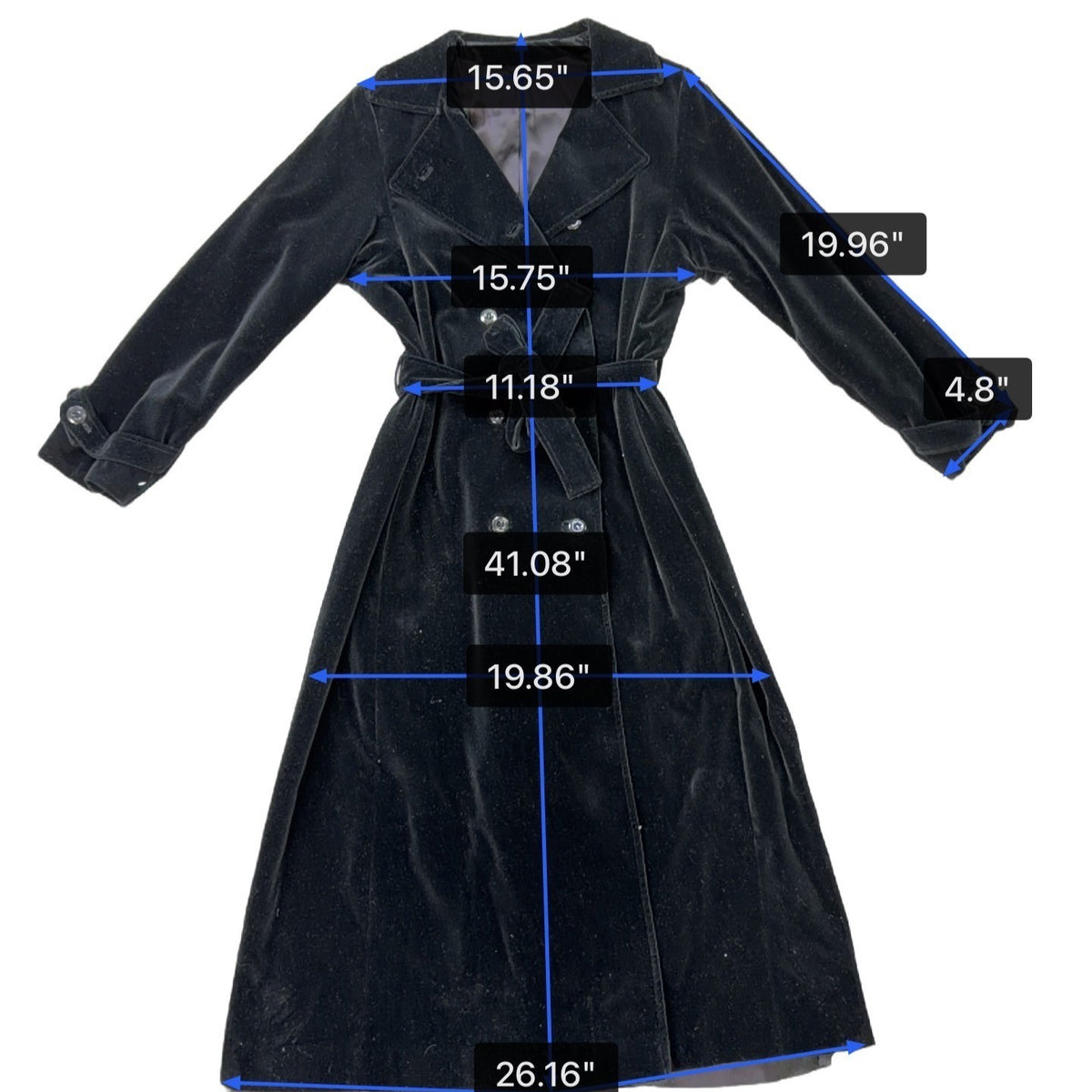 Womens Black Velvet Double-Breasted Belted Coat Warm Outerwear