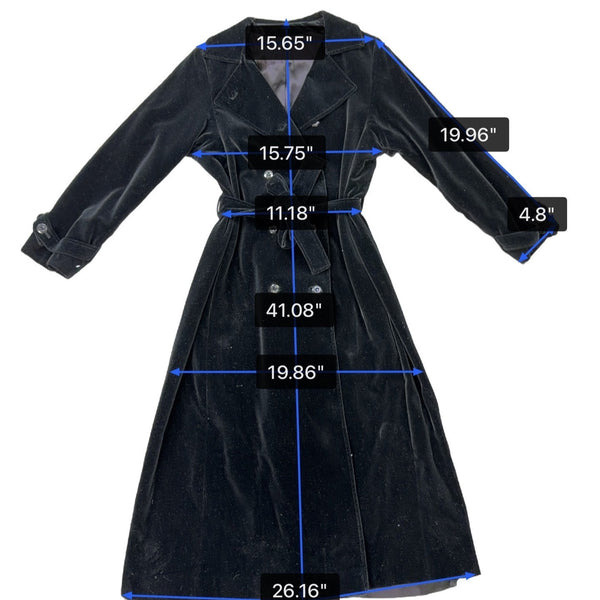Womens Black Velvet Double-Breasted Belted Coat Warm Outerwear