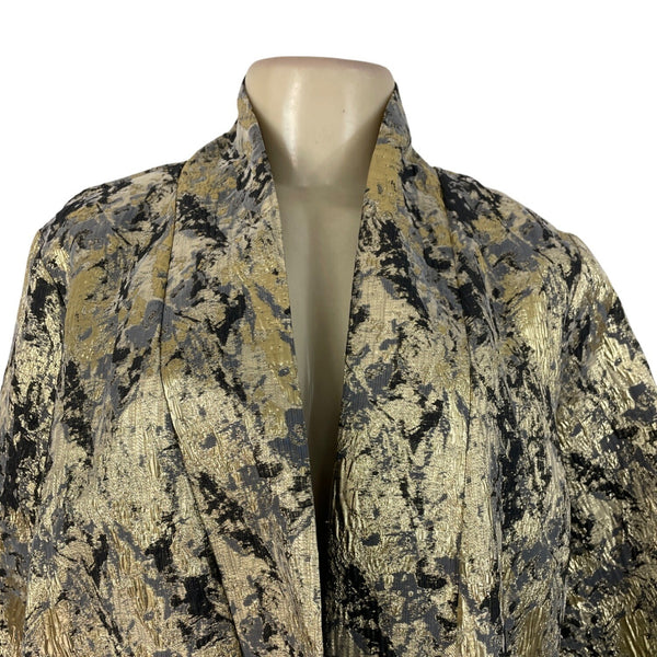 Natori Women's Gold & Black Metallic Brocade Open Front Long Sleeve Coat Sz M