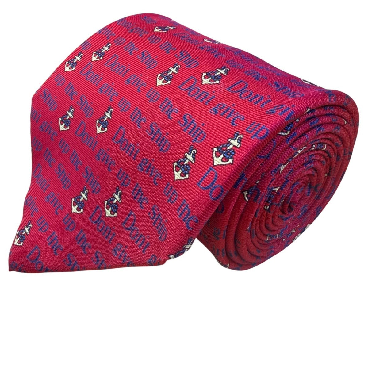 Alynn Mens Red Silk Necktie Nautical "Dont Give Up The Ship" Anchor Pattern USA