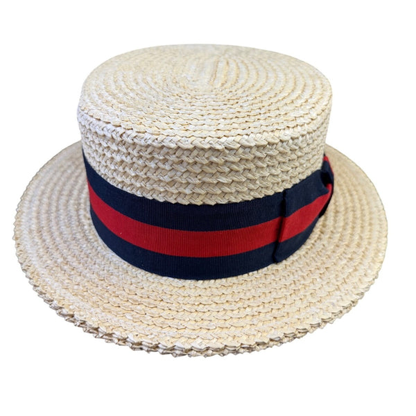 Straw Mens Natural Woven Boater Hat With Black & Red Ribbon Band Made In Italy