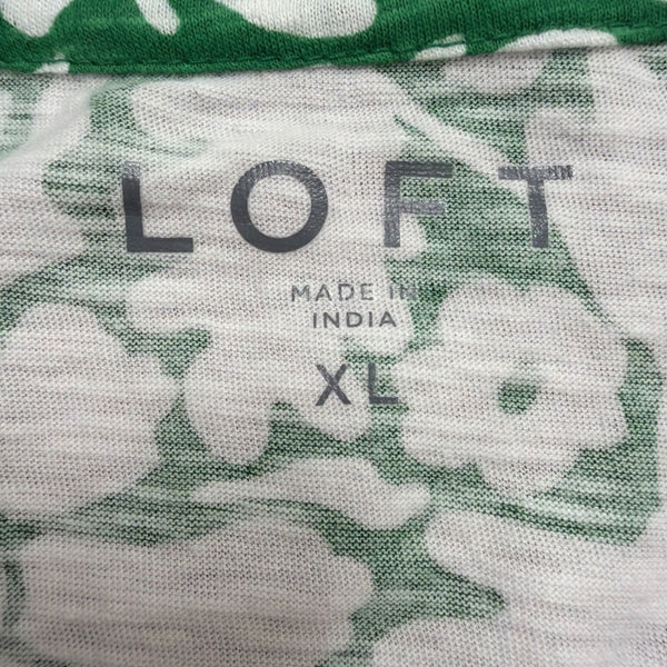 Loft Womens Green & White Floral Print Short Sleeve V-Neck T-Shirt Size XL