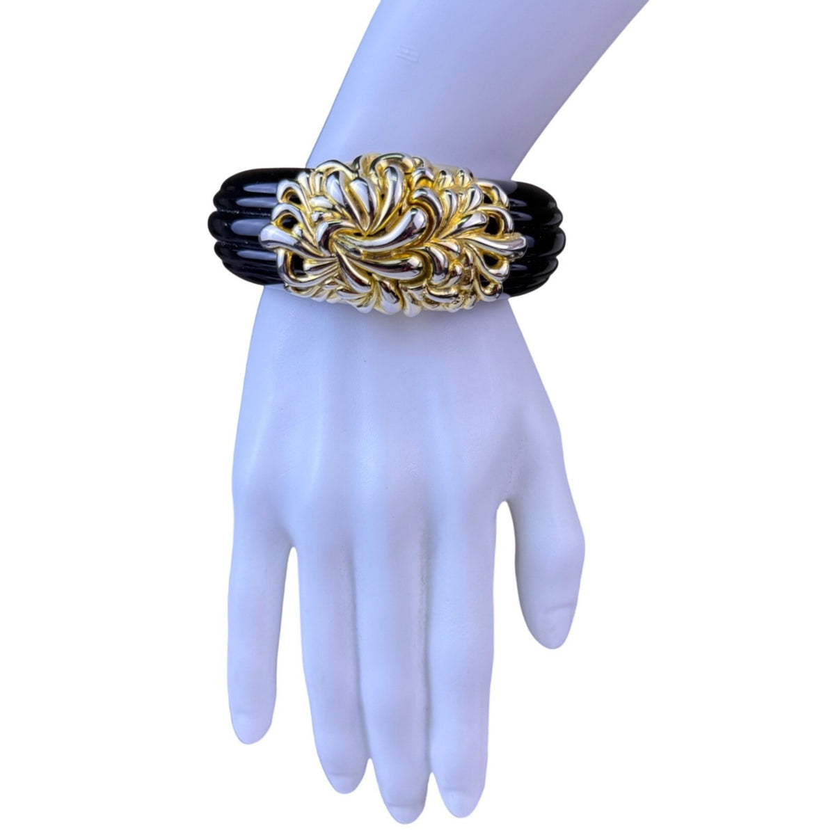 Vintage Inna Cytrine Paris Black Lucite & Gold Tone Hinged Bangle Bracelet