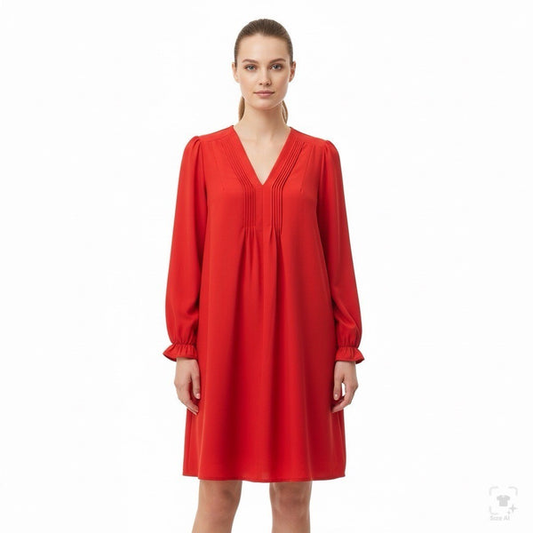 Dokotoo Womens Red Polyester Long-Sleeve V-Neck Pleated Tunic Dress Flowy Sz XL