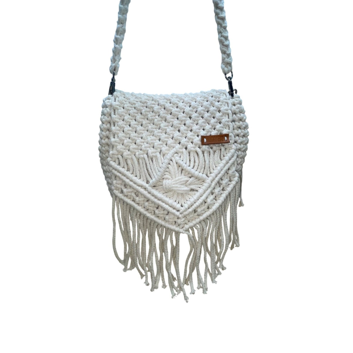 Lucky Hat Women’s White Macrame With Fringe Detail Crossbody Bag