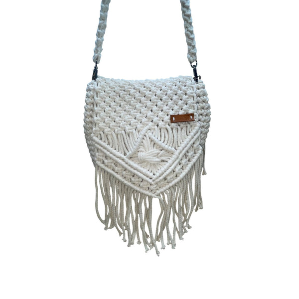 Lucky Hat Women’s White Macrame With Fringe Detail Crossbody Bag