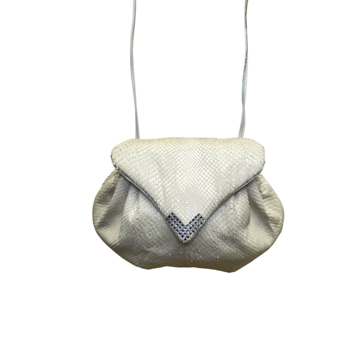 Novita Krishan Women’s White Snakeskin Embossed Rhinestone Clasp Crossbody Bag