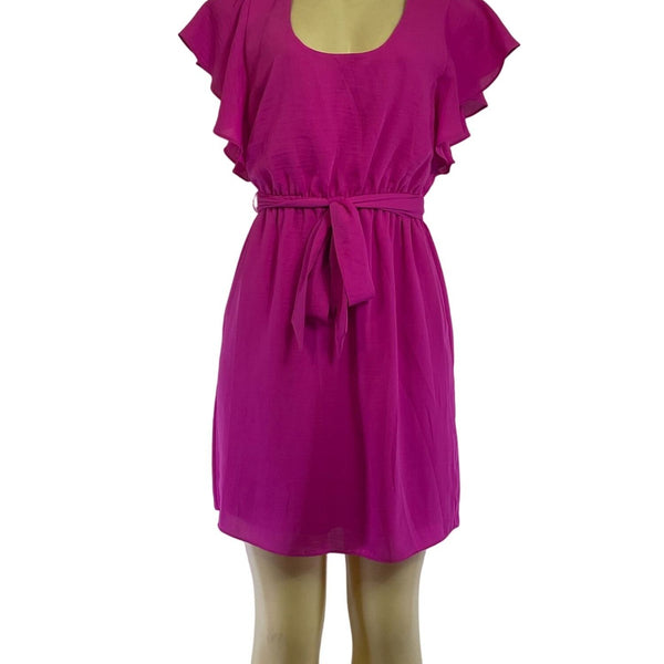 Banana Republic Fuchsia Flutter Sleeve Belted Dress Size 0 Lightweight Woven Fab