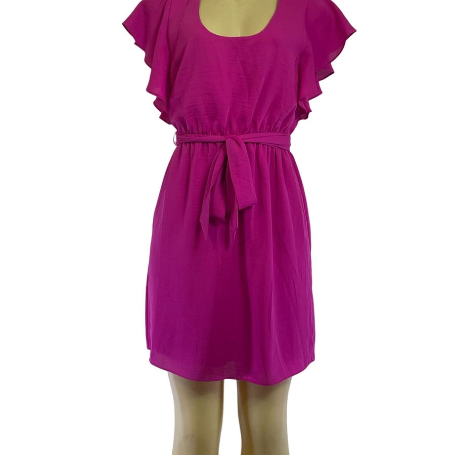 Banana Republic Fuchsia Flutter Sleeve Belted Dress Size 0 Lightweight Woven Fab