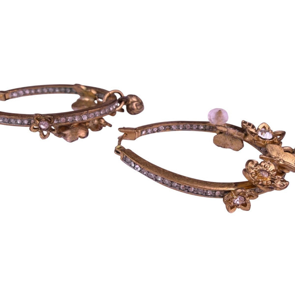 Gold Tone Vintage Flower Hoop Earrings With Crystal Accents & Heart Charms