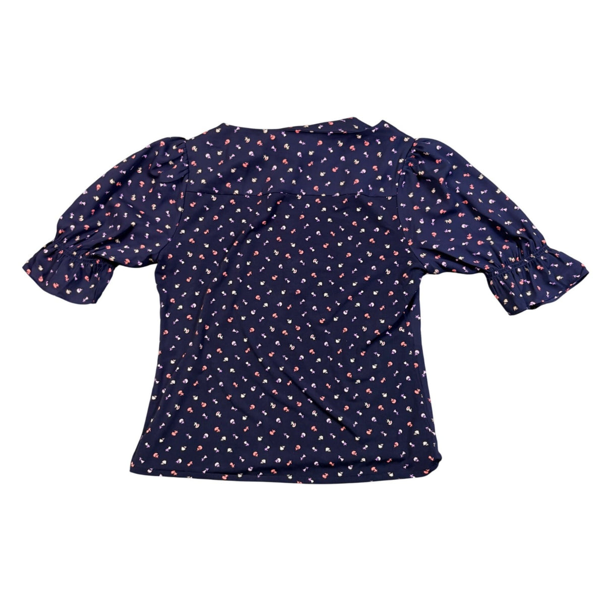 Ann Taylor Womens Navy Floral Print Blouse Ruffled Sleeves Pattern Size XS