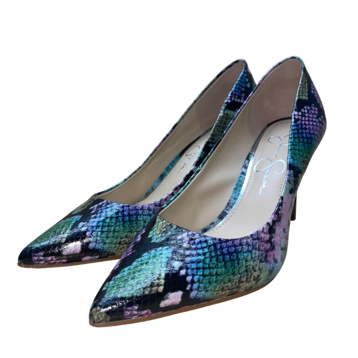 Jessica Simpson Women’s Purple & Green Snake Print Carpena High Heels Sz 7.5