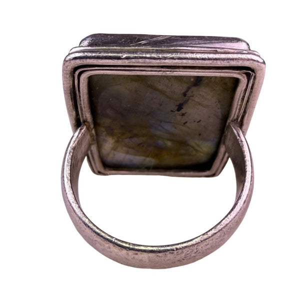 Blue Fire Silver Tone Labradorite Gemstone Ring 925 Stamped Rectangular