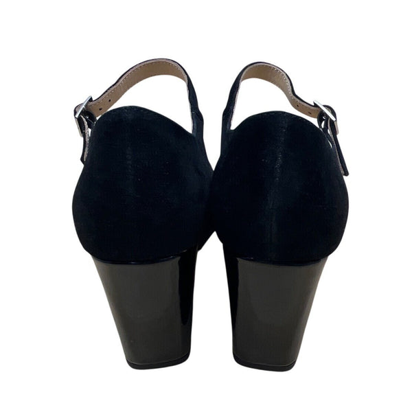Sacha London Black Suede Peep-Toe Buckle Strap Saba Block Heel Pumps Sz 9