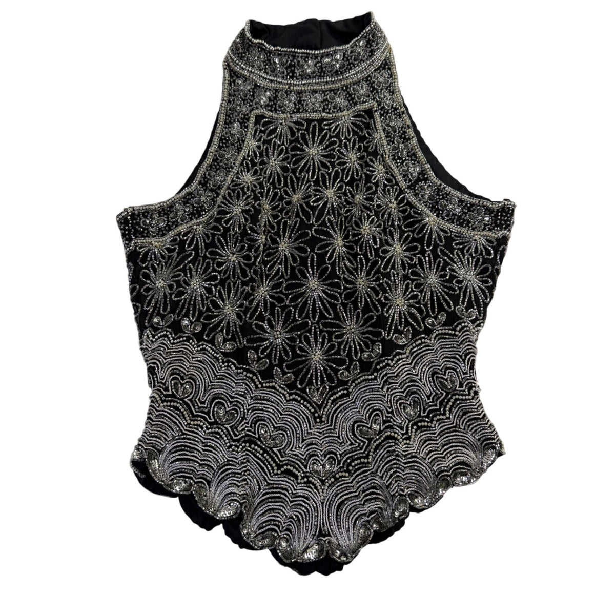 Papell Boutique Womens Black Silk Beaded Halter Top Evening Wear Size M