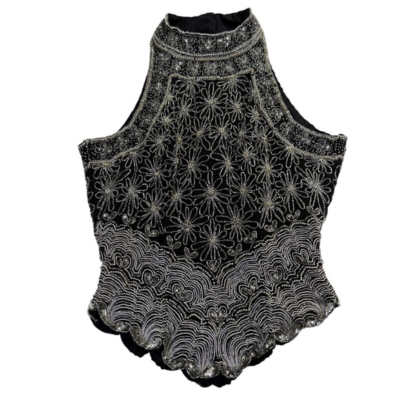 Papell Boutique Womens Black Silk Beaded Halter Top Evening Wear Size M