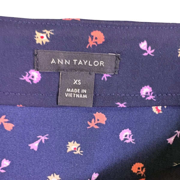 Ann Taylor Womens Navy Floral Print Blouse Ruffled Sleeves Pattern Size XS
