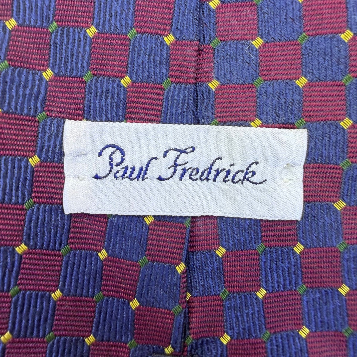 Paul Fredrick Mens Blue & Burgundy Silk Necktie Checkered Woven Hand Sewn