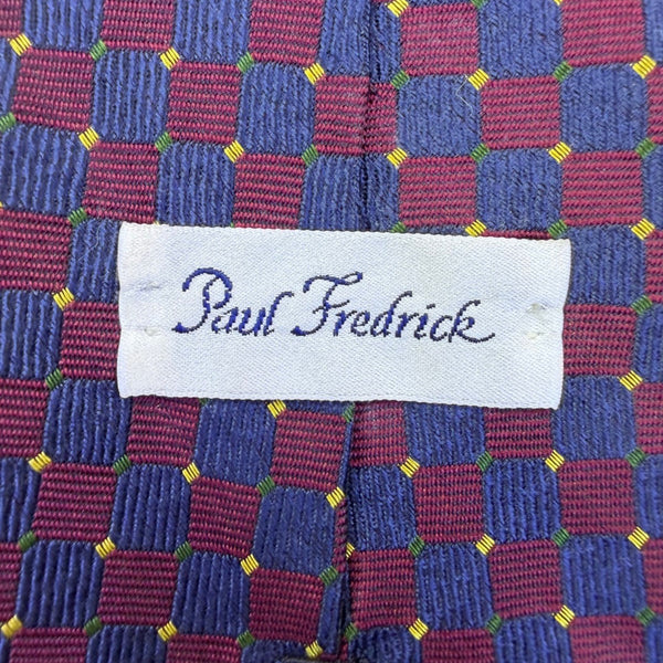Paul Fredrick Mens Blue & Burgundy Silk Necktie Checkered Woven Hand Sewn
