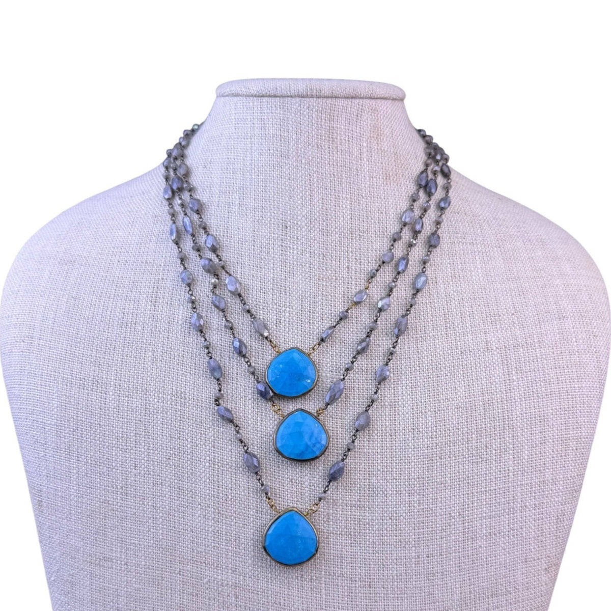Womens Blue Purple Brass Faceted Bead 3 Strand Necklace