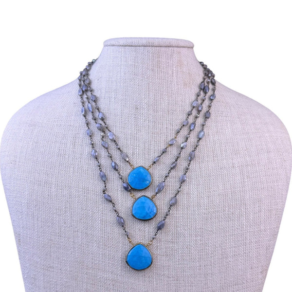 Womens Blue Purple Brass Faceted Bead 3 Strand Necklace
