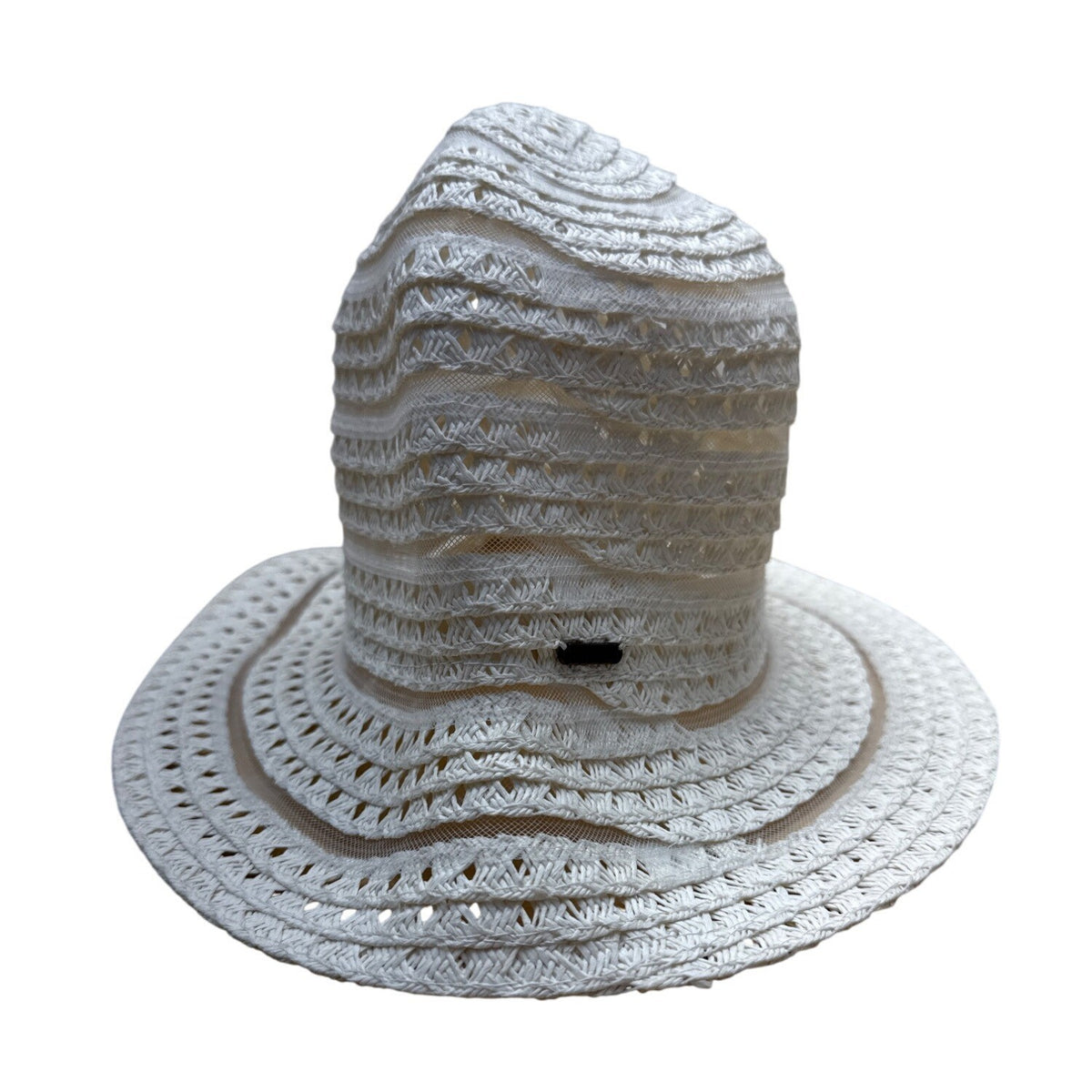 Nine West White Woven bucketHat With Openwork Design & Inner Ribbon Band