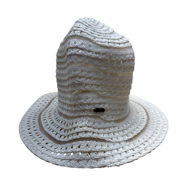 Nine West White Woven bucketHat With Openwork Design & Inner Ribbon Band